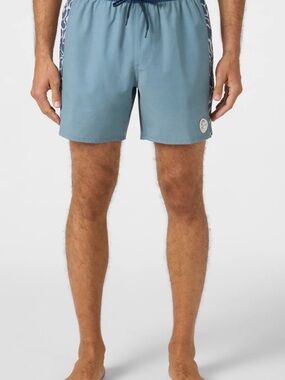 O'Neill Light Blue Swim 16” Board Shorts with Navy Patterned Side Panels